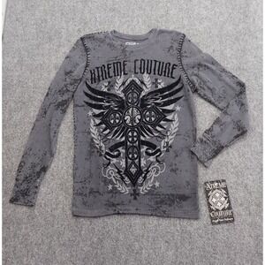 Xtreme Couture Shirt Small Gray Black Cross Wings‎ Graphic Thermal Long Sleeve